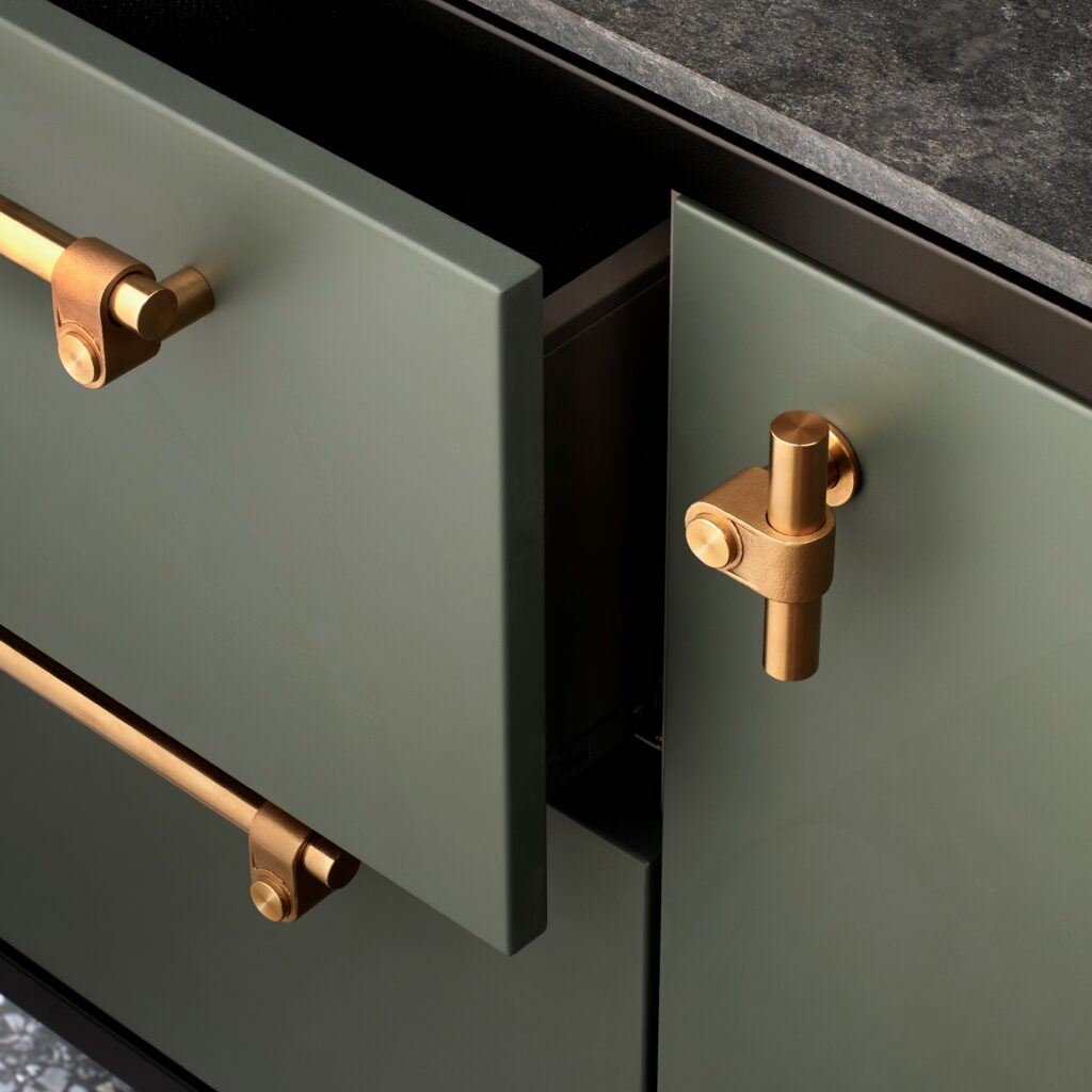 green and gold kitchen