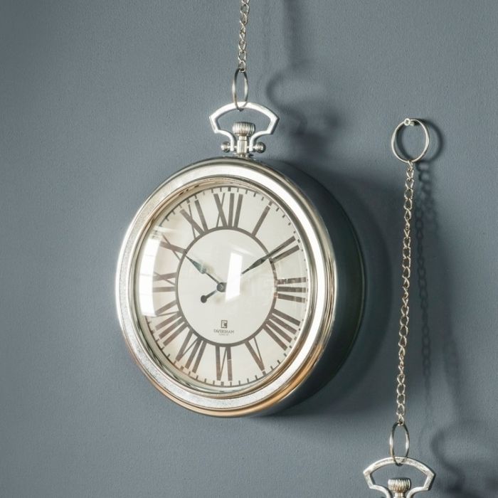 Gallery Direct Round Silver Chrome Pocket Watch Hanging Wall Clock Set Of Four - Hanging Wall Clock With Chain