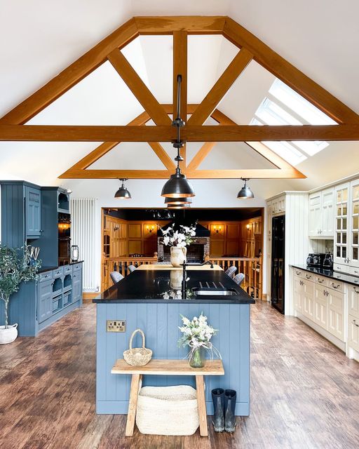 Barn style country kitchen featuring Industville pendant lighting and traditional pewter handles