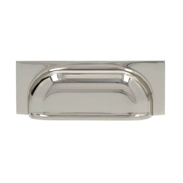 The Quantock Cup handle, shown in 96mm centres Polished Nickel. This Retro inspired cabinet cup handle comes in 3 sizes and 6 finishes