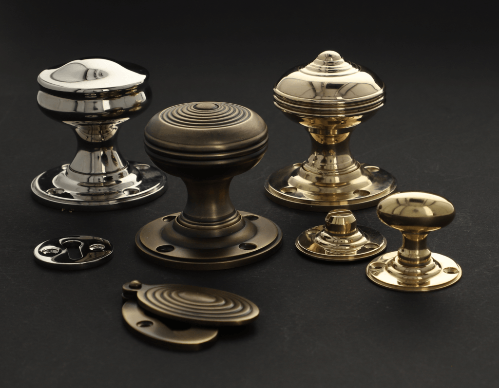 Alexander & Wilks traditional mortice knob collection with thumbturns, escutcheons and three Christoph, Harris and Romeo door knob designs