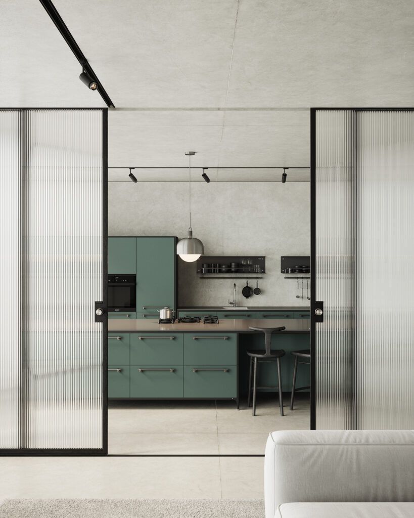 Buster + Punch Green kitchen with reeded accents | 2023 home trends | More Handles