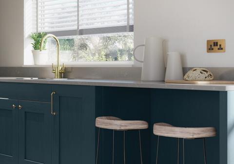 Golden Hardware from the Cloudmont range, against the blues of the Mornington Kitchen.