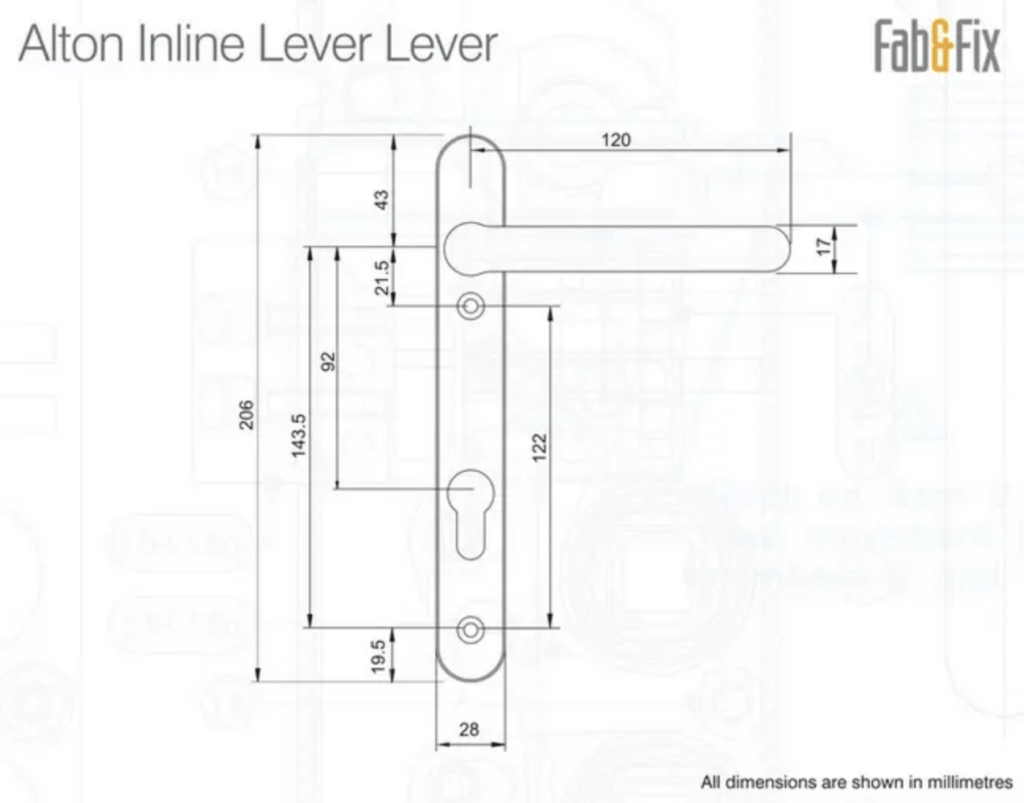 uPVC Door Handles at More Handles
Fab N Fix Alton Inline Multipoint Door Handle - Pair | Line Drawing (Available in either Black or White)
SKUs: 1B000/1B001 (Black/White) | Both £13.01 INC. VAT