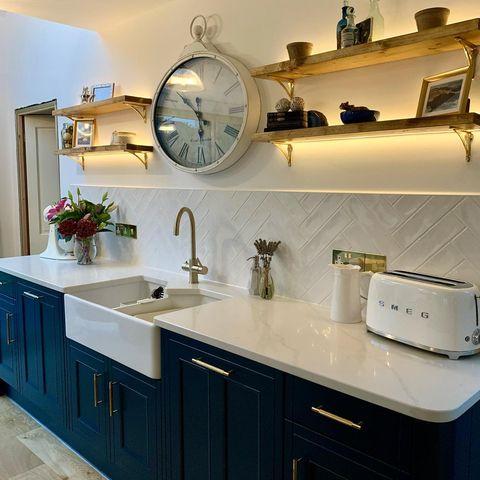 @littlegreyswan's Blue and Gold kitchen featuring Alexander & WIlks Satin Brass PVD Brunel Knurled Cupboard Handles